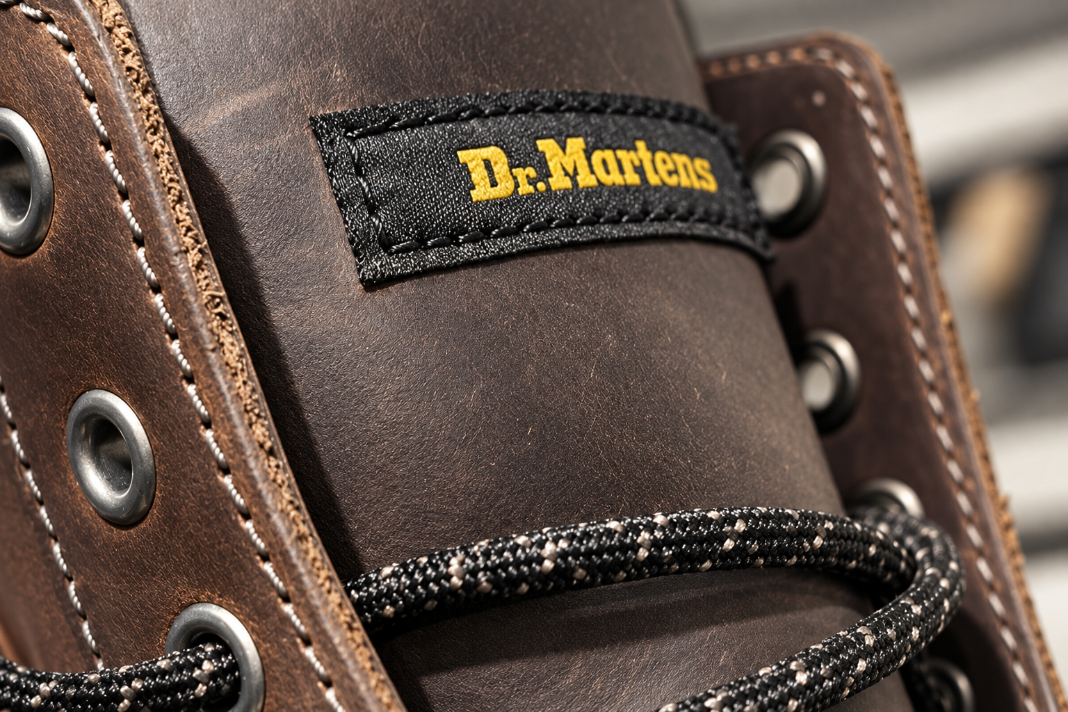 Nahaufnahme des Dr.-Martens-Logoriemens auf braunem Leder mit Schnürsenkel und Ösen
