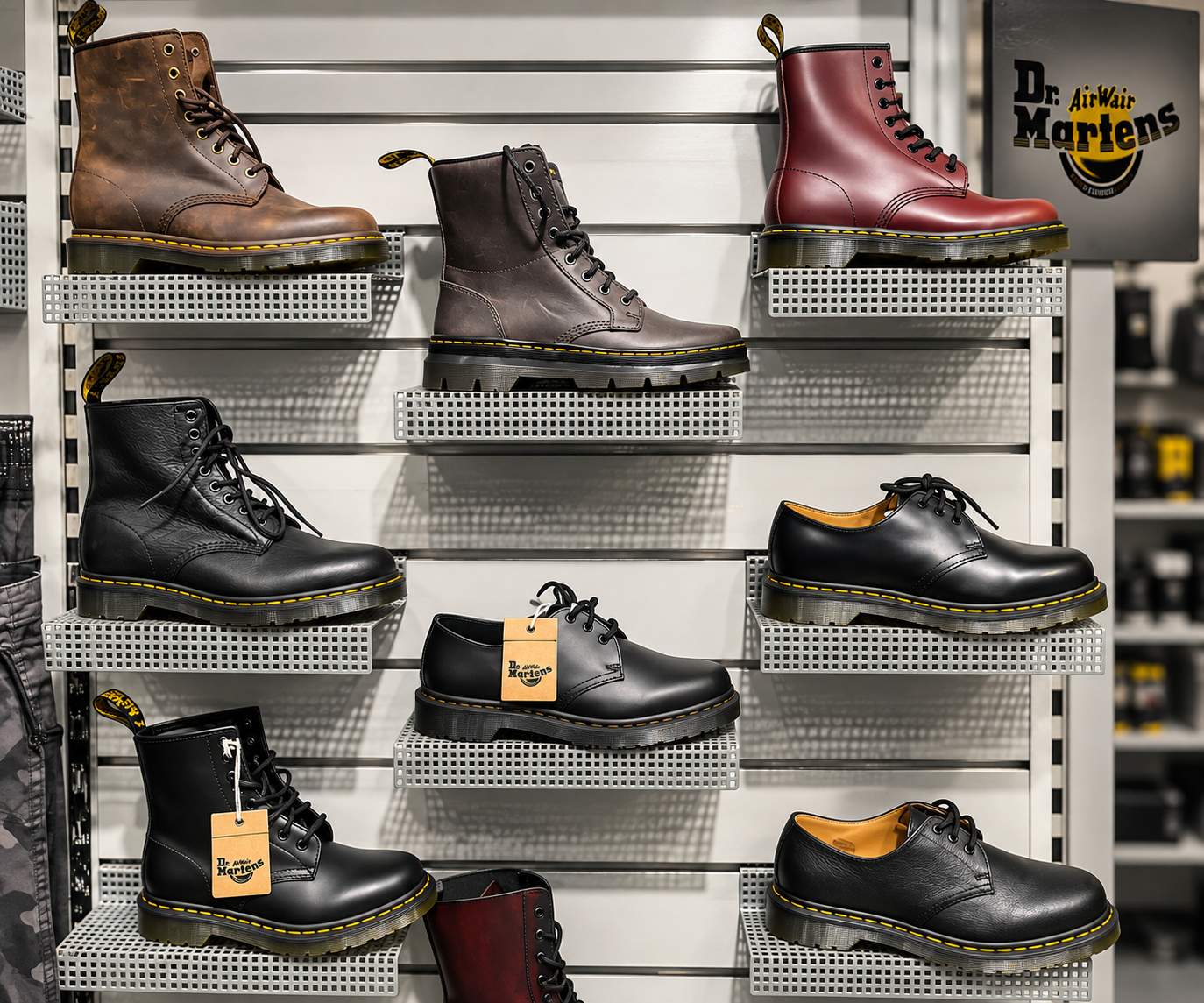Dr.-Martens-Wand im US SHOP Karlsruhe mit 1460 Boots in Braun, Schwarz und Cherry Red sowie 1461 Halbschuhen